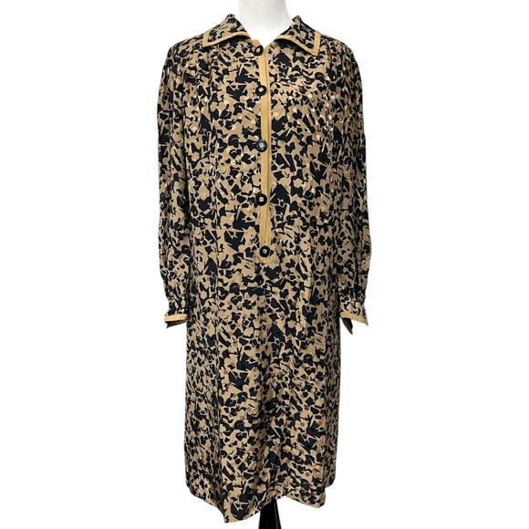 Baron Peters Vintage Silk Shirt Dress Long Sleeve Shift Buttons Tan Black Sz 14 - Picture 1 of 7